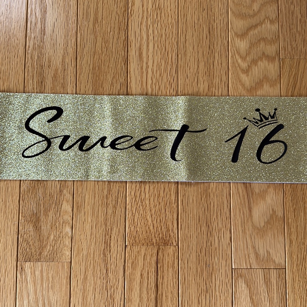 Sweet 16 Birthday Sash: Gold Glitter w/ Black Lettering-Rhinestone Pin Included